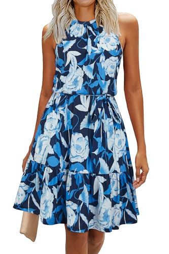 Newshows Sommerkleid Damen Knielang Elegant Kleid Neckholder Sommer Ärmellos Freizeitkleider mit Taschen(Floral-21, XX-Groß) von Newshows