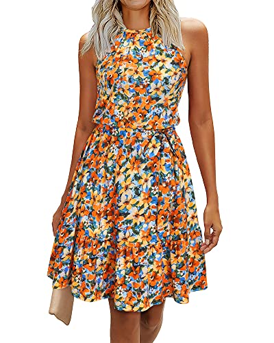 Newshows Sommerkleid Damen Knielang Elegant Kleid Neckholder Sommer Ärmellos Freizeitkleider mit Taschen(Floral-6, X-Groß) von Newshows