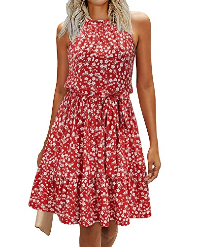 Newshows Sommerkleid Damen Knielang Elegant Kleid Neckholder Sommer Ärmellos Freizeitkleider mit Taschen(Floral-9, X-Groß) von Newshows