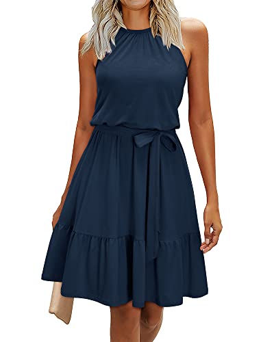 Newshows Sommerkleid Damen Knielang Elegant Kleid Neckholder Sommer Ärmellos Freizeitkleider mit Taschen(Marine, Groß) von Newshows