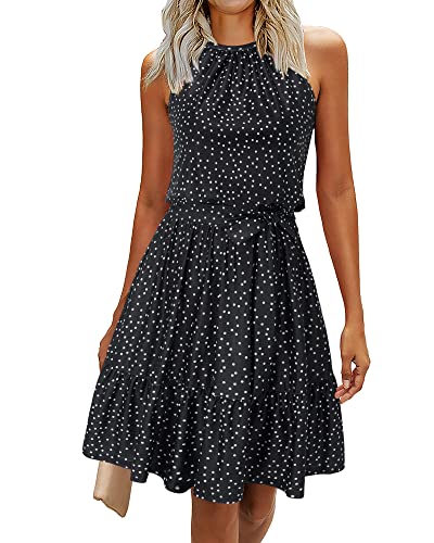 Newshows Sommerkleid Damen Knielang Elegant Kleid Neckholder Sommer Ärmellos Freizeitkleider mit Taschen(Polka Dot-schwarz, XL) von Newshows