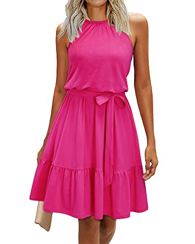 Newshows Sommerkleid Damen Knielang Elegant Kleid Neckholder Sommer Ärmellos Freizeitkleider mit Taschen(Rose rot, Groß) von Newshows