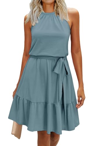 Newshows Sommerkleid Damen Knielang Elegant Kleid Neckholder Sommer Ärmellos Freizeitkleider mit Taschen(Graublau, M) von Newshows