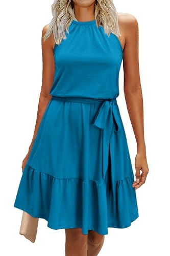 Newshows Sommerkleid Damen Knielang Elegant Kleid Neckholder Sommer Ärmellos Freizeitkleider mit Taschen Seeblau von Newshows