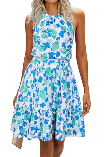 Newshows Sommerkleid Damen Knielang Elegant Kleid Neckholder Sommer Freizeitkleider(Blau & Grün geblümt, X-Groß) von Newshows