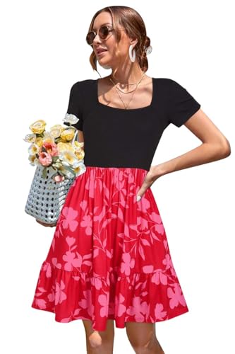Newshows Sommerkleid Damen Knielang Strandkleid Sommer Outfits Kleid Elegant Kurz Partykleid Mit Taschen Floral-2 von Newshows
