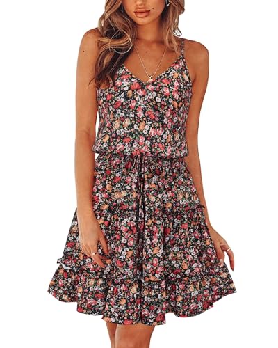 Newshows Sommerkleid Damen Knielang Spaghettiträger Kleid V-Ausschnitt Strandkleider(Floral 09,L) von Newshows