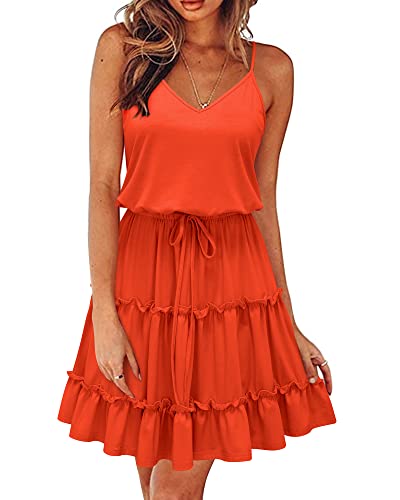 Newshows Sommerkleid Damen Knielang Spaghettiträger Kleid V-Ausschnitt Strandkleider(Orange, XX-Groß) von Newshows