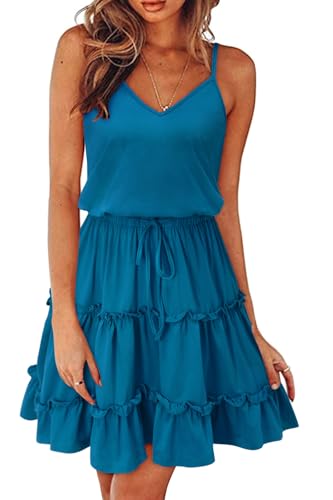 Newshows Sommerkleid Damen Knielang Spaghettiträger Kleid V-Ausschnitt Strandkleider(Peacock Blue,XL) von Newshows