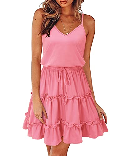 Newshows Sommerkleid Damen Knielang Spaghettiträger Kleid V-Ausschnitt Strandkleider(Rosa, Groß) von Newshows