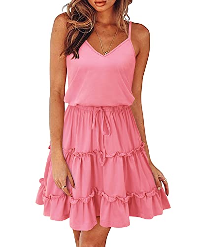 Newshows Sommerkleid Damen Knielang Spaghettiträger Kleid V-Ausschnitt Strandkleider(Rosa,XL) von Newshows
