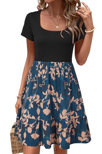 Newshows Sommerkleid Damen Knielang Strandkleid Sommer Kleid Elegant Kurz Partykleid Dunkelgrüne Blumen Aprikose,XXL von Newshows