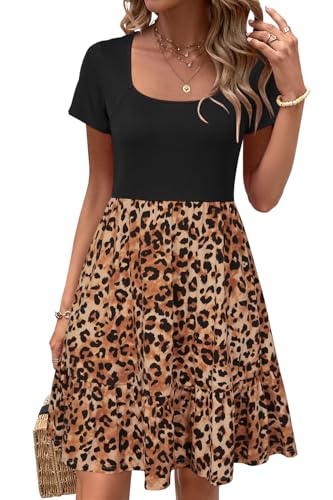 Newshows Sommerkleid Damen Knielang Strandkleid Sommer Lässiges Kleid Elegant Kurz Partykleid Brauner Leopard,M von Newshows