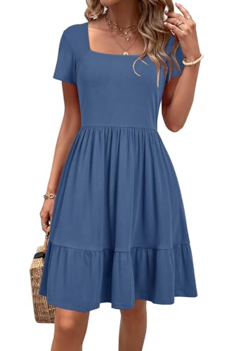 Newshows Sommerkleid Damen Knielang Strandkleid Sommer Outfits Kleid Elegant Kurz Partykleid Mit Taschen Blau,L von Newshows