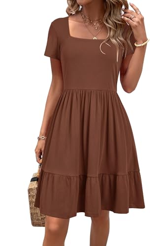 Newshows Sommerkleid Damen Knielang Strandkleid Sommer Outfits Kleid Elegant Kurz Partykleid Mit Taschen Brown-1,M von Newshows