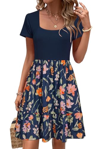 Newshows Sommerkleid Damen Knielang Strandkleid Sommer Outfits Kleid Elegant Kurz Partykleid Mit Taschen Floral-10 von Newshows