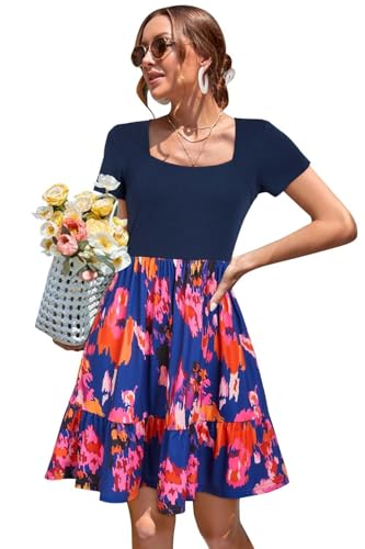 Newshows Sommerkleid Damen Knielang Strandkleid Sommer Outfits Kleid Elegant Kurz Partykleid Mit Taschen Floral-5 von Newshows