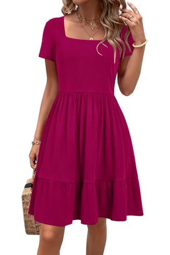 Newshows Sommerkleid Damen Knielang Strandkleid Sommer Outfits Kleid Elegant Kurz Partykleid Mit Taschen Knallpink,L von Newshows