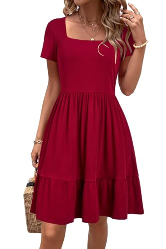 Newshows Sommerkleid Damen Knielang Strandkleid Sommer Outfits Kleid Elegant Kurz Partykleid Mit Taschen Weinrot,XL von Newshows
