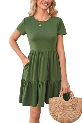 Newshows Sommerkleid Damen Kurzarm Sommer Kleid Strandkleid Freizeitkleider mit Taschen(Armeegrün, L) von Newshows