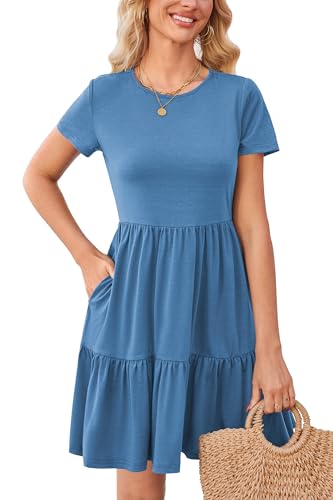 Newshows Sommerkleid Damen Kurzarm Sommer Kleid Strandkleid Freizeitkleider mit Taschen(Blau, S) von Newshows