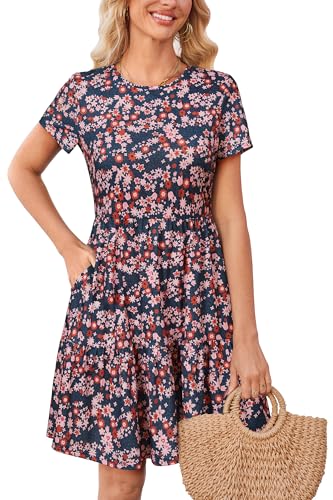 Newshows Sommerkleid Damen Kurzarm Sommer Kleid Strandkleid Freizeitkleider mit Taschen(Blau Bunt Geblümt, XXL) von Newshows