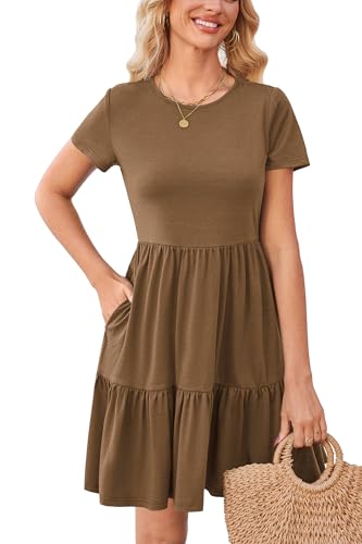 Newshows Sommerkleid Damen Kurzarm Sommer Kleid Strandkleid Freizeitkleider mit Taschen(Braun, S) von Newshows