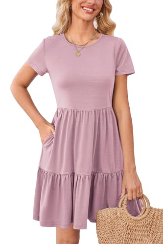 Newshows Sommerkleid Damen Kurzarm Sommer Kleid Strandkleid Freizeitkleider mit Taschen(Dunkelrosa, XL) von Newshows