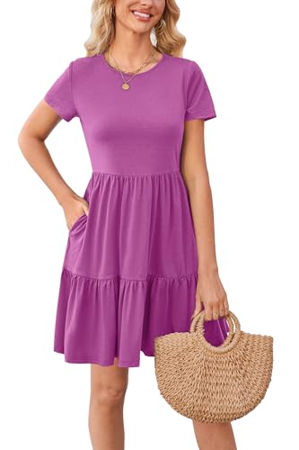 Newshows Sommerkleid Damen Kurzarm Sommer Kleid Strandkleid Freizeitkleider mit Taschen(Lila, S) von Newshows