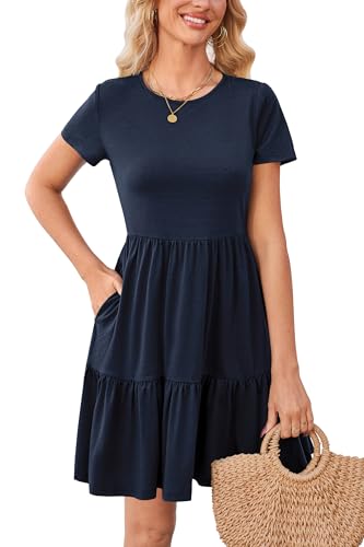 Newshows Sommerkleid Damen Kurzarm Sommer Kleid Strandkleid Freizeitkleider mit Taschen(Marineblau, XL) von Newshows