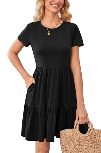 Newshows Sommerkleid Damen Kurzarm Sommer Kleid Strandkleid Freizeitkleider mit Taschen(Schwarz, XXL) von Newshows