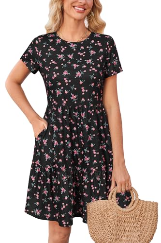 Newshows Sommerkleid Damen Kurzarm Sommer Kleid Strandkleid Freizeitkleider mit Taschen(Schwarz Rosa Geblümt, XL) von Newshows