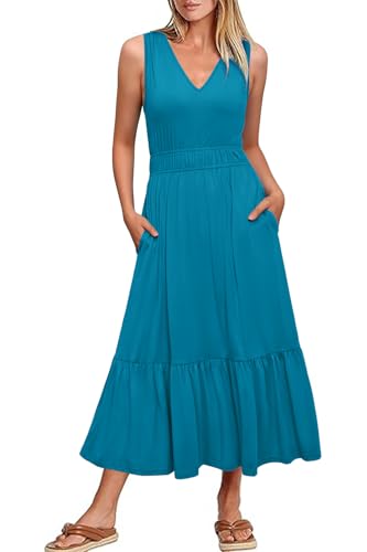 Newshows Sommerkleid Damen Lang Ärmelloser Strandkleid Maxikleid Sommer Freizeitkleider mit Taschen(Blau, M) von Newshows