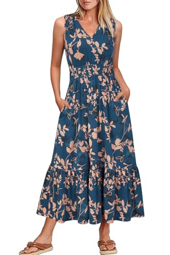 Newshows Sommerkleid Damen Lang Ärmelloser Strandkleid Maxikleid Sommer Freizeitkleider mit Taschen(Dunkelgrün Floral Apricot, S) von Newshows
