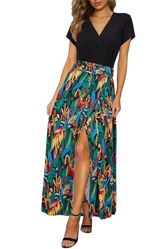 Newshows Sommerkleid Damen Lang Maxikleid Sommer Freizeitkleid Kurzarm V Ausschnitt Strand Kleider Rot-Grünes Blatt,S von Newshows
