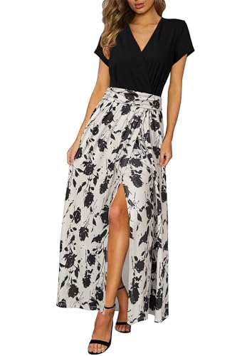 Newshows Sommerkleid Damen Lang Maxikleid Sommer Kurzarm V Ausschnitt Strand Kleider Schwarz Blumen Aprikose,XL von Newshows