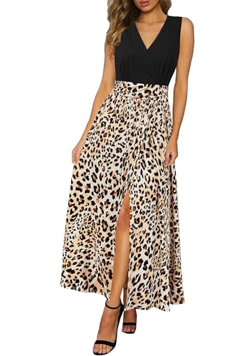 Newshows Sommerkleid Damen Lang Maxikleid Sommer V Ausschnitt Kleid Freizeitkleid Blauer Leopardenmuster,M von Newshows