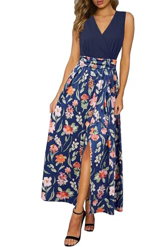 Newshows Sommerkleid Damen Lang Maxikleid Sommer V Ausschnitt Kleid Freizeitkleid Bunte Blumen,XL von Newshows
