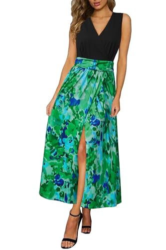 Newshows Sommerkleid Damen Lang Maxikleid Sommer V Ausschnitt Kleid Freizeitkleid Grün-Blaue abstrakte Blumen,XXL von Newshows