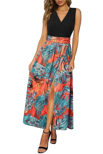 Newshows Sommerkleid Damen Lang Maxikleid Sommer V Ausschnitt Kleid Freizeitkleid Orange-blaues tropisches Blatt,XXL von Newshows