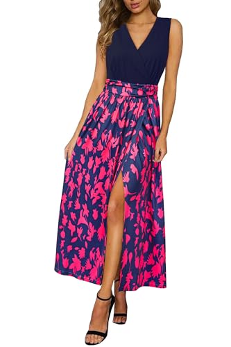Newshows Sommerkleid Damen Lang Maxikleid Sommer V Ausschnitt Kleid Schlitz Freizeitkleid Blaue Blumenrose,XL von Newshows