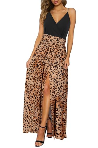 Newshows Sommerkleid Damen Lang Maxikleid Sommer V Ausschnitt Kleid Schlitz Freizeitkleid Elegant für Hochzeitsgast(Brauner Leopard,XX-Groß) von Newshows