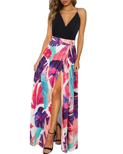 Newshows Sommerkleid Damen Lang Maxikleid Sommer V Ausschnitt Kleid Schlitz Freizeitkleid Elegant für Hochzeitsgast(Floral 04,Groß) von Newshows