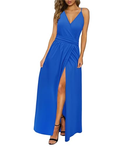 Newshows Sommerkleid Damen Lang Maxikleid Sommer V Ausschnitt Kleid Schlitz Freizeitkleid Elegant für Hochzeitsgast (Cerulean blau,XX-Groß) von Newshows
