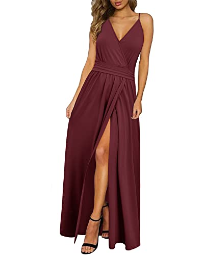 Newshows Sommerkleid Damen Lang Maxikleid Sommer V Ausschnitt Kleid Schlitz Freizeitkleid Elegant für Hochzeitsgast (Dunkelrot, Groß) von Newshows