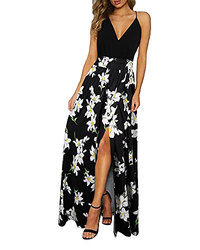 Newshows Sommerkleid Damen Lang Maxikleid Sommer V Ausschnitt Kleid Schlitz Freizeitkleid Elegant für Hochzeitsgast (Floral 06,Groß) von Newshows