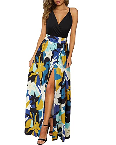 Newshows Sommerkleid Damen Lang Maxikleid Sommer V Ausschnitt Kleid Schlitz Freizeitkleid Elegant für Hochzeitsgast (Floral 16,Groß) von Newshows
