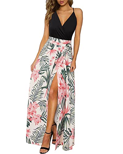 Newshows Sommerkleid Damen Lang Maxikleid Sommer V Ausschnitt Kleid Schlitz Freizeitkleid Elegant für Hochzeitsgast (Floral 19,XX-Groß) von Newshows