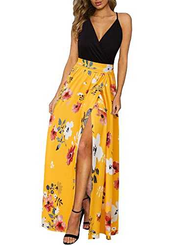 Newshows Sommerkleid Damen Lang Maxikleid Sommer V Ausschnitt Kleid Schlitz Freizeitkleid Elegant für Hochzeitsgast (Floral 25,XX-Groß) von Newshows