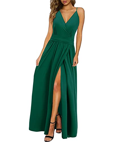 Newshows Sommerkleid Damen Lang Maxikleid Sommer V Ausschnitt Kleid Schlitz Freizeitkleid Elegant für Hochzeitsgast (Grün,Groß) von Newshows